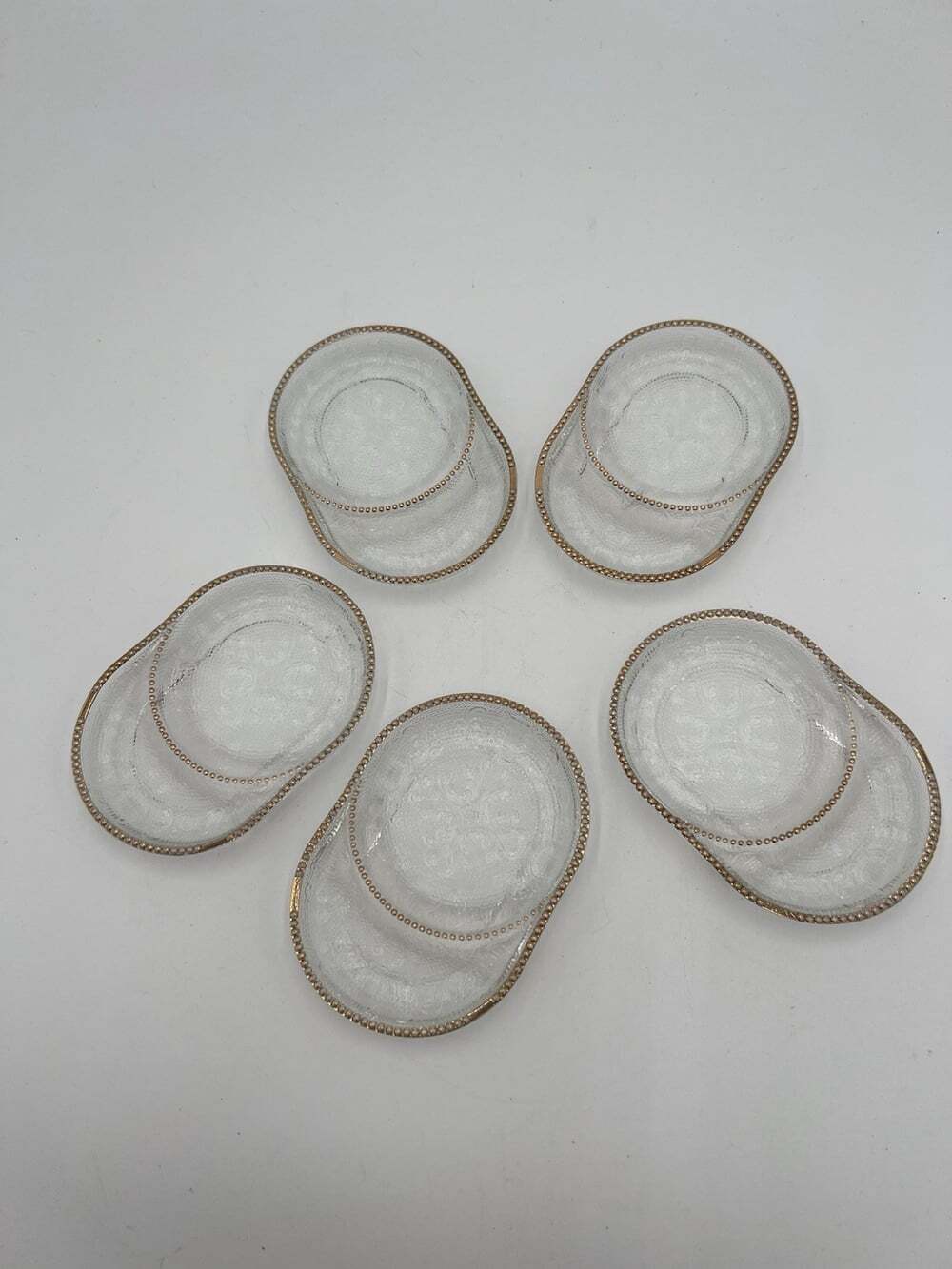 Vintage Jeannette Glass Harp Coasters Set 5 Oval Gold Beaded Trim 4.75”